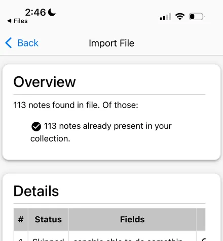The Overview page on a phone with the Back button at the top left