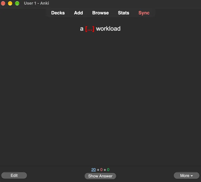 A card front that reads: a blank workload, with the Show Answer button