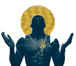 Kintsugi figure with a gold halo, arms raised