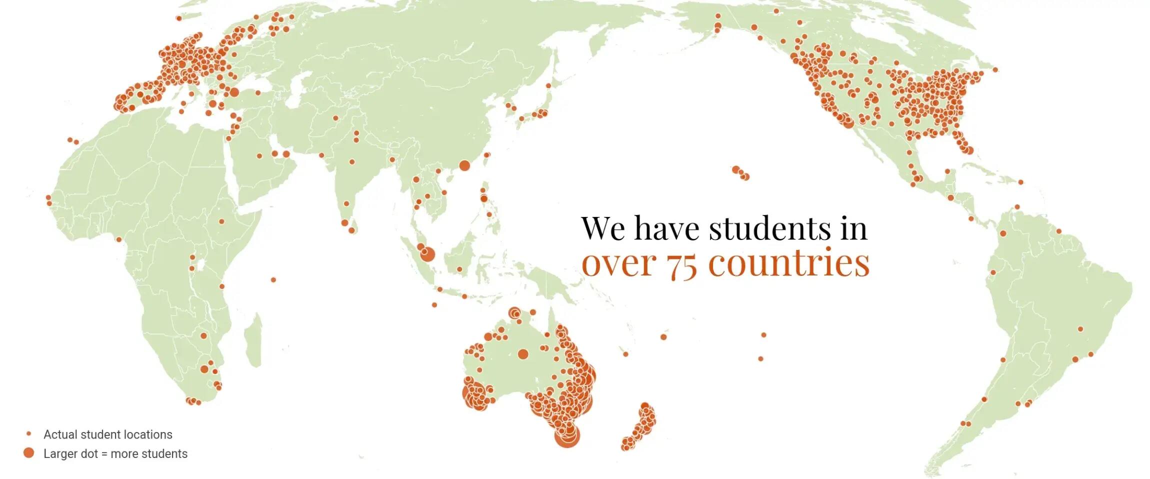 World map dotted with Milkwood students' locations, in over 75 countries: thickest across Australia and New Zealand, Europe and North America