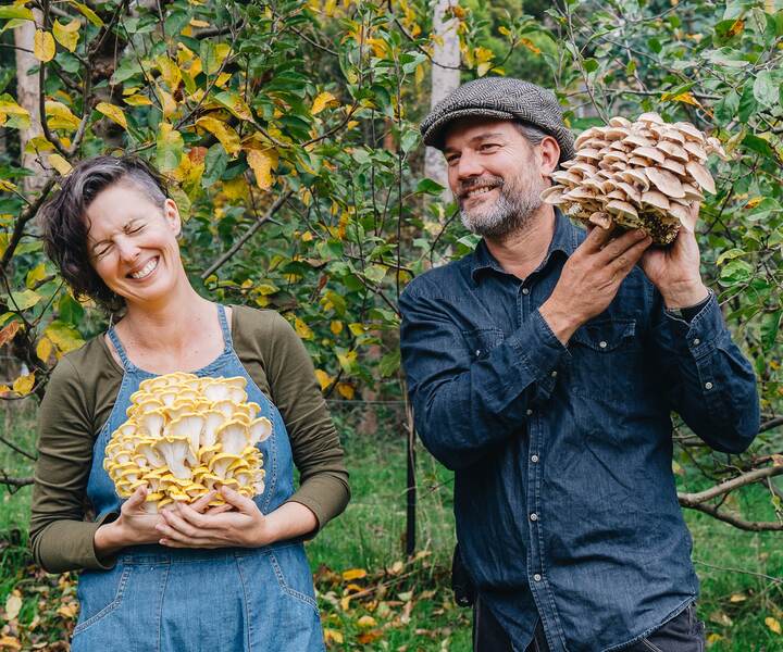 Nick Ritar and Kirsten Bradley laughing in an autumn orchard, holding clusters of oyster mushrooms