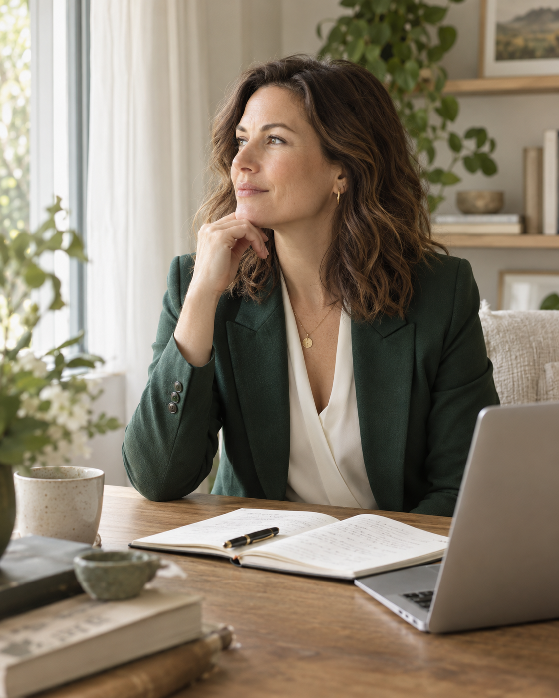 Business coach reflecting at a sunlit desk