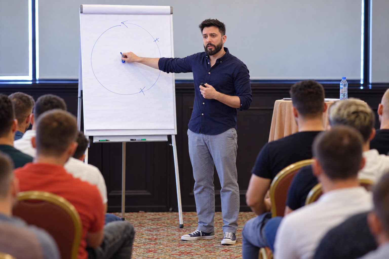 Taher Sonu explică la flipchart, în fața participanților