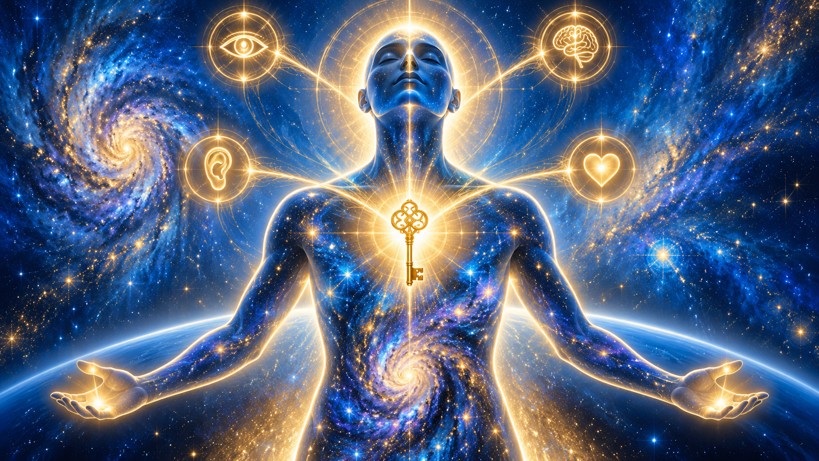 A celestial figure filled with galaxies, with a golden key and symbols for seeing, knowing, hearing, and feeling.