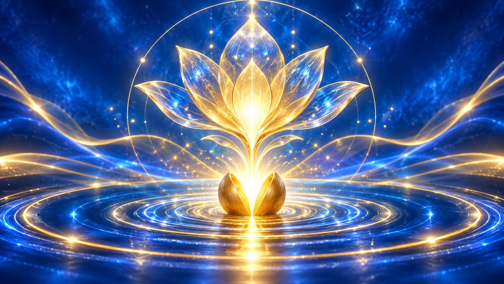 A luminous golden flower opens from a seed over rings of blue and gold light.