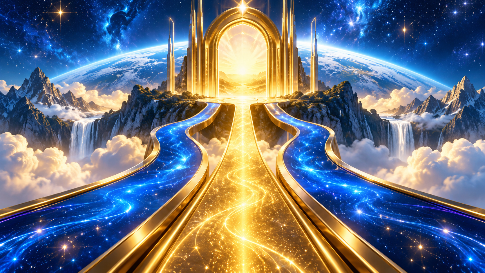 Blue and gold pathways cross a celestial landscape toward a glowing golden doorway.