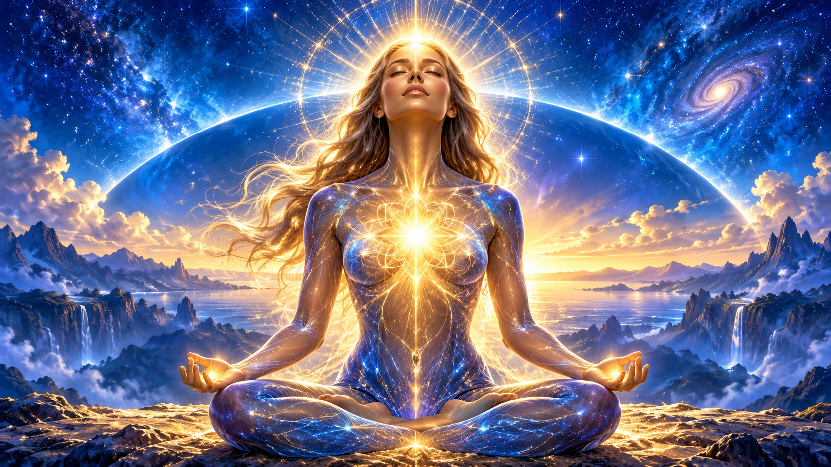 A woman meditates beneath a golden halo with a radiant heart against a blue cosmic landscape.