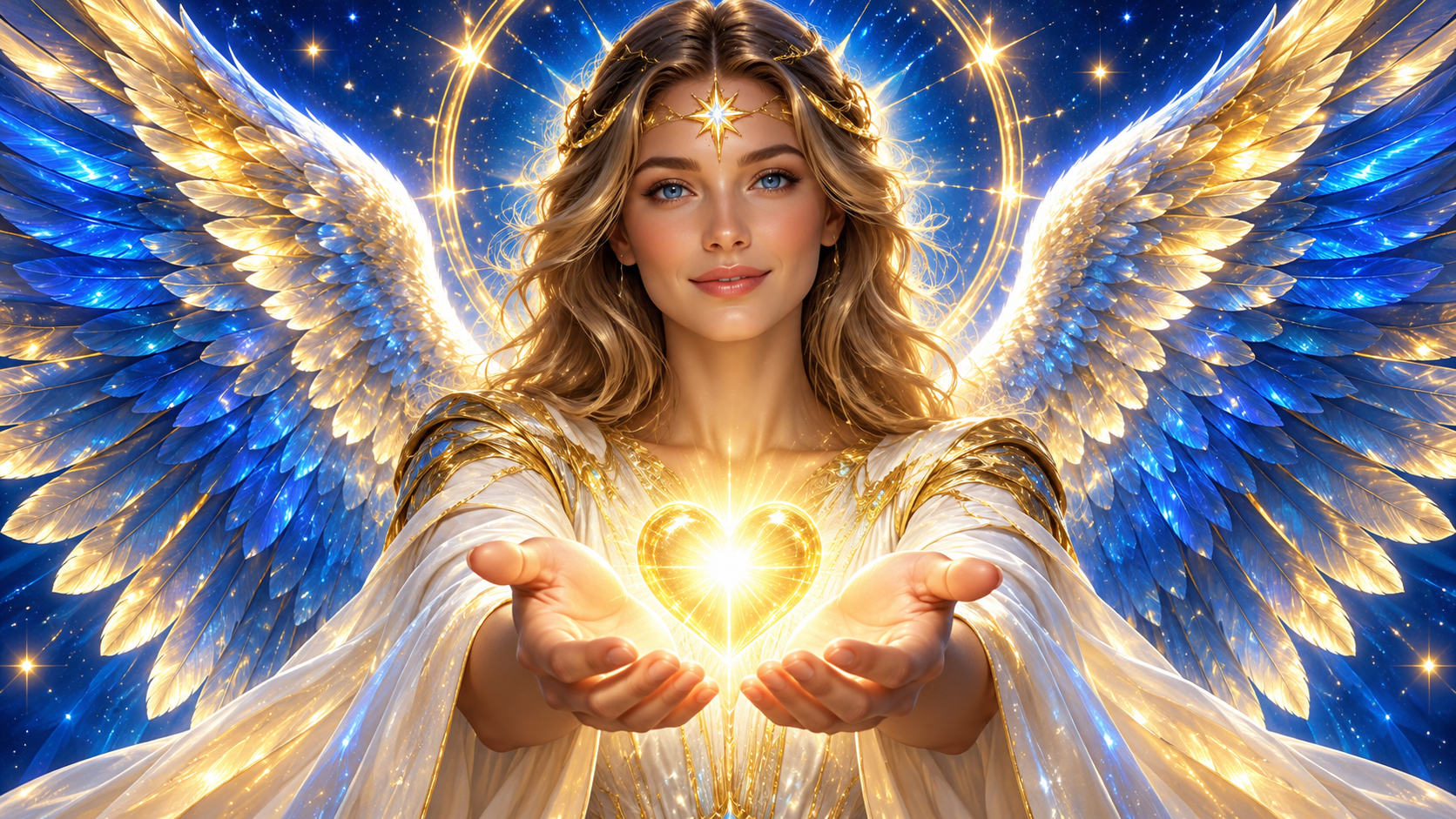 An angel with blue and golden wings offers a radiant golden heart in a star-filled sky.