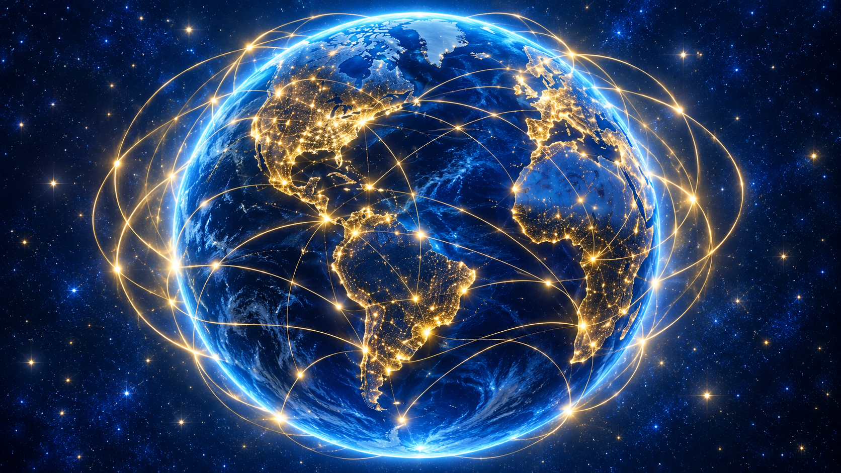 A blue Earth is connected by luminous golden pathways and points of light.