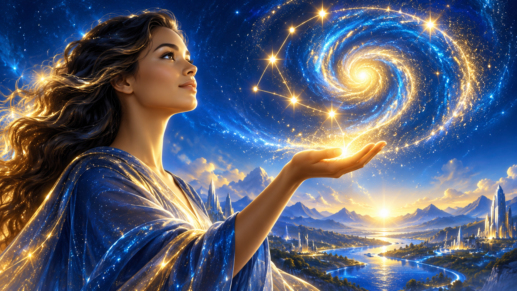 A woman holds a glowing galaxy above her hand in a blue and gold celestial landscape.