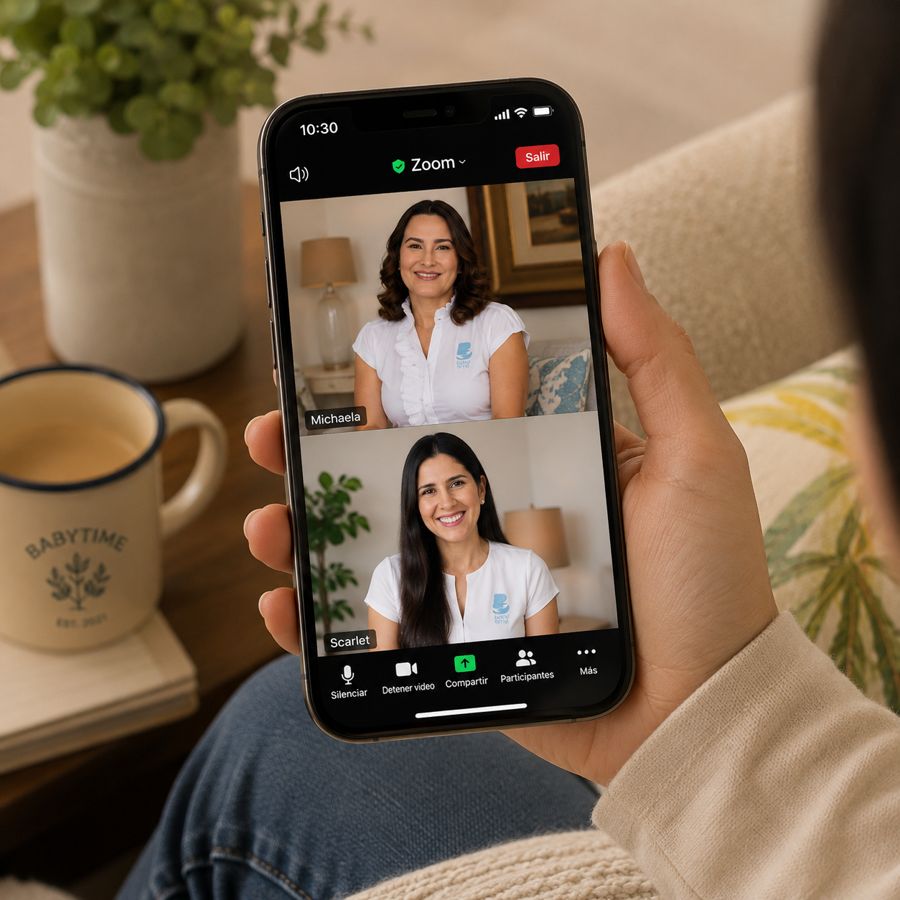 Mamá en una sesión online con el equipo Babytime
