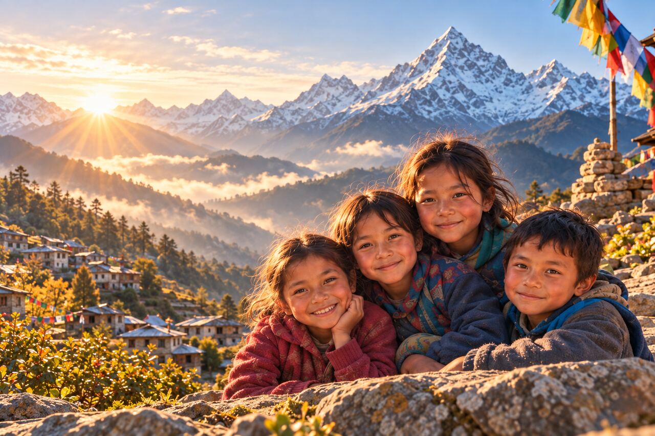 Illustrative Nepal scene with smiling children and sunlit Himalayan peaks.