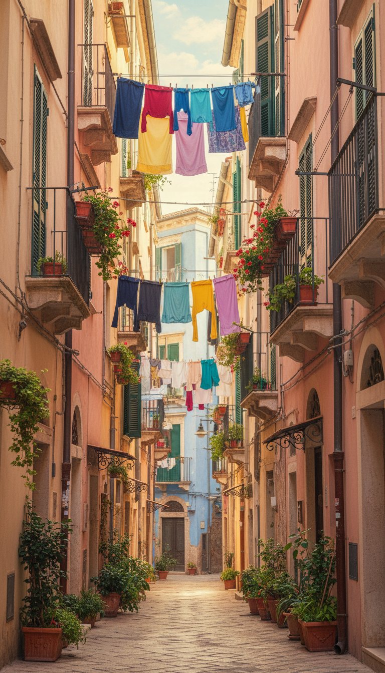 A narrow Italian street with laundry hanging between the houses