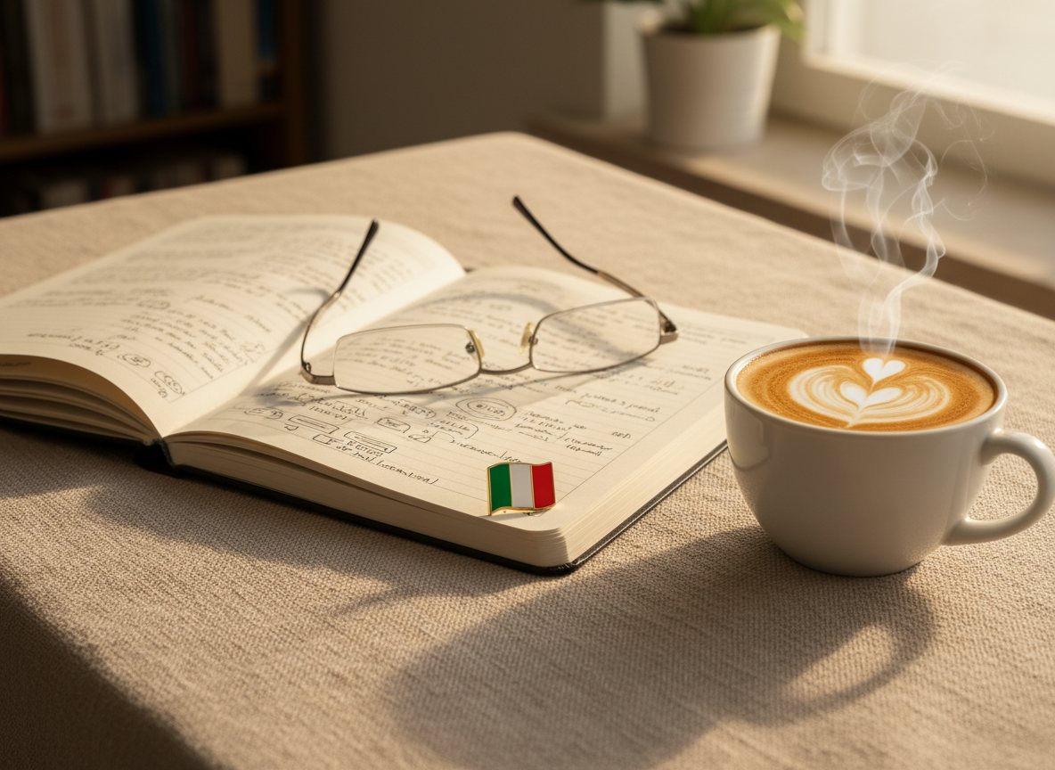 Open notebook with Italian notes next to a cappuccino
