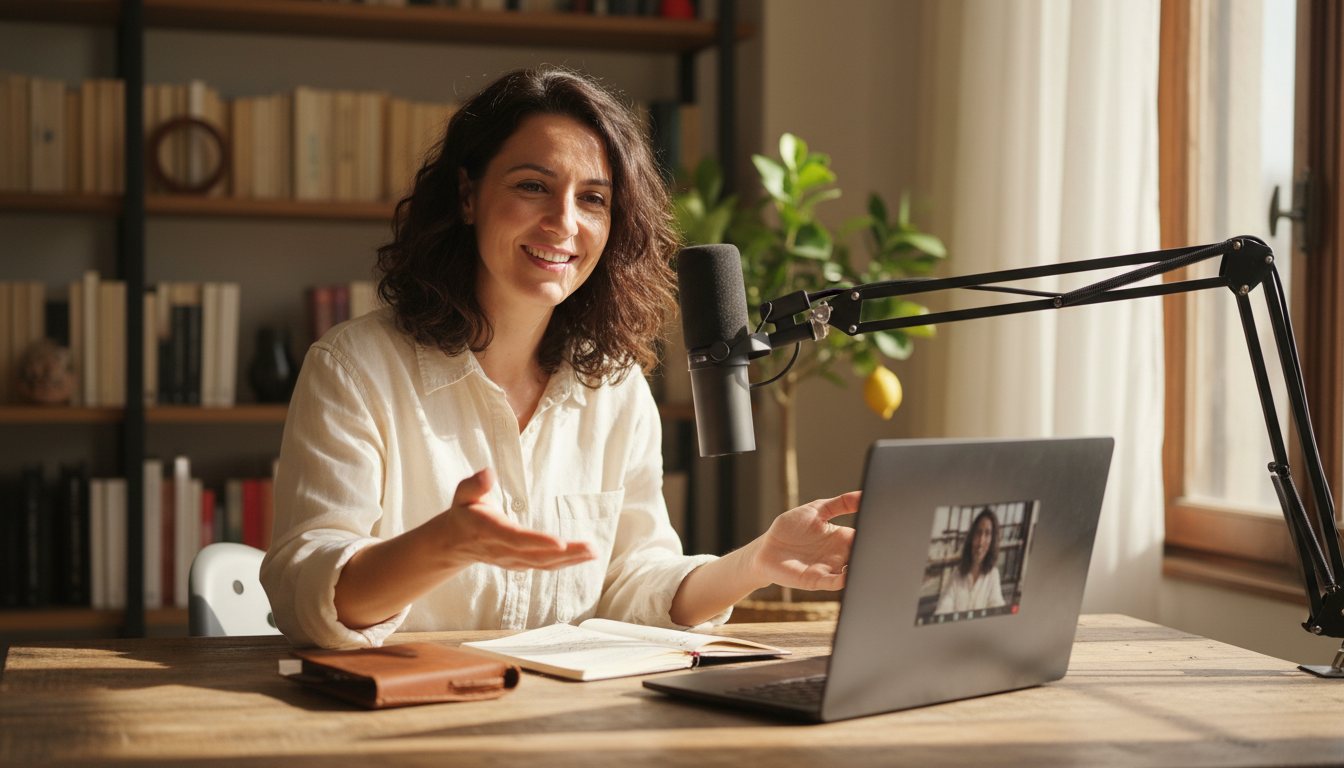 Chiara teaching an online Italian lesson from her desk