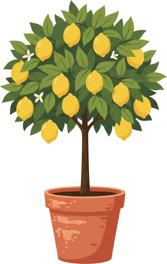 A lemon tree full of fruit in a terracotta pot