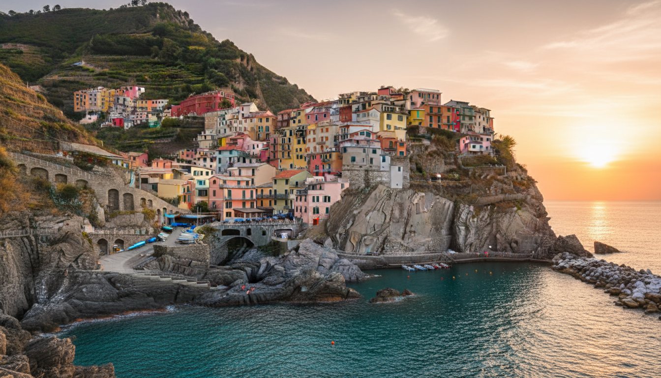 Colourful houses on the Italian coast at sunset