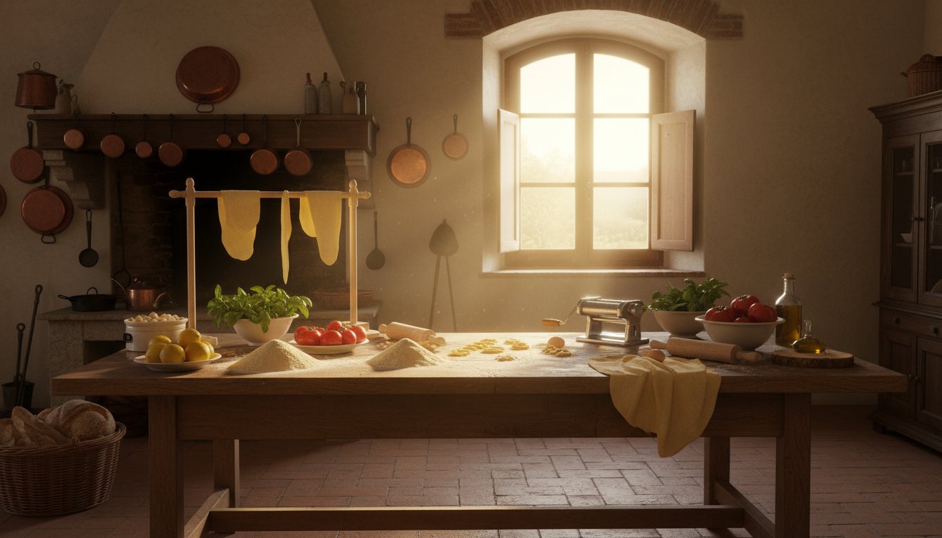 A warm Italian kitchen with fresh pasta on the table