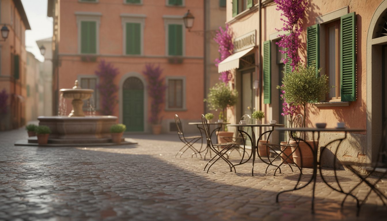 A quiet Italian piazza with café tables