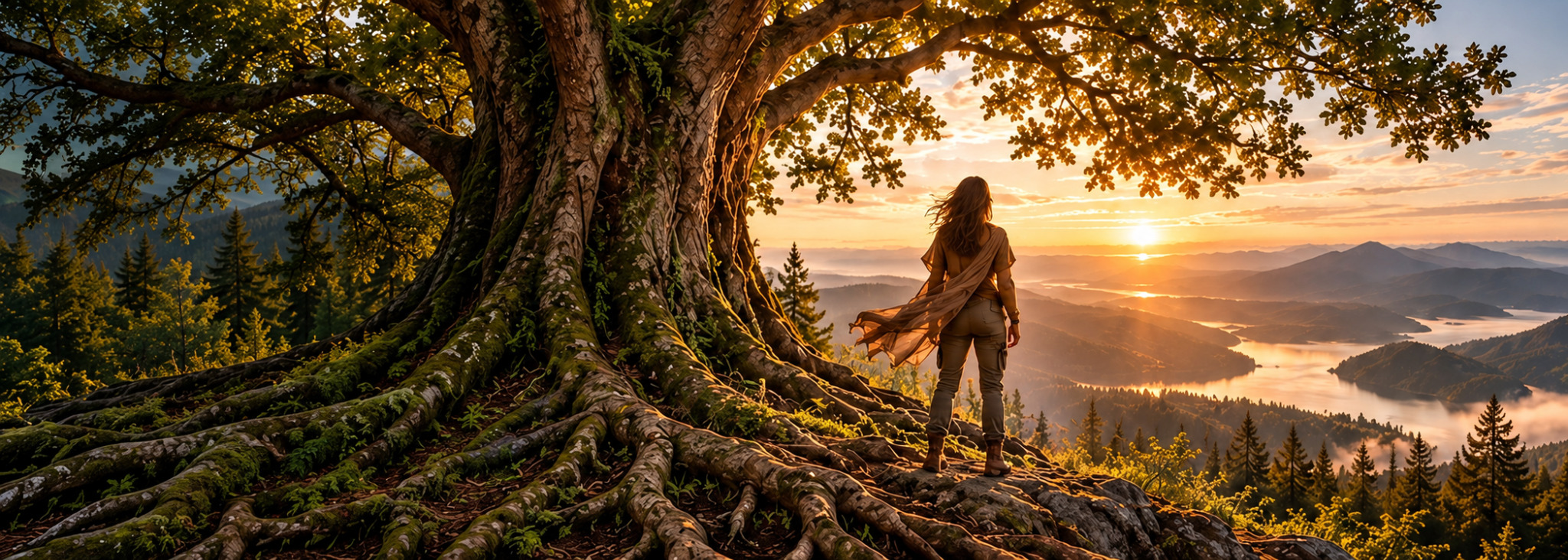 Une femme face au soleil couchant, sous un grand arbre