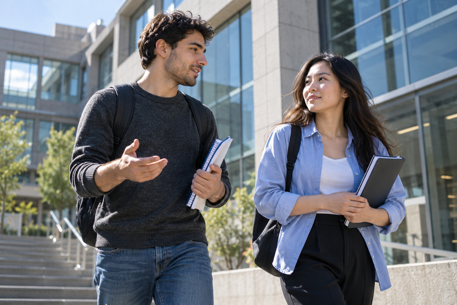 Two students talking outside a university building