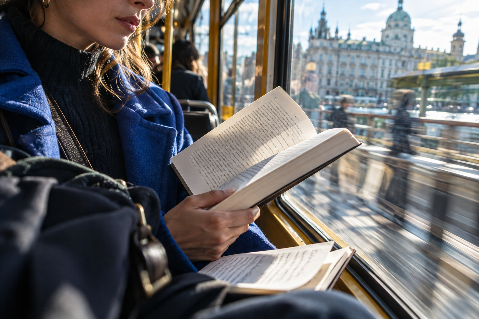 A passenger reading beside a sunlit tram window