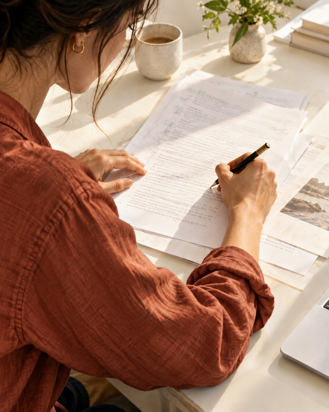 A learner working on a written draft at a sunlit desk