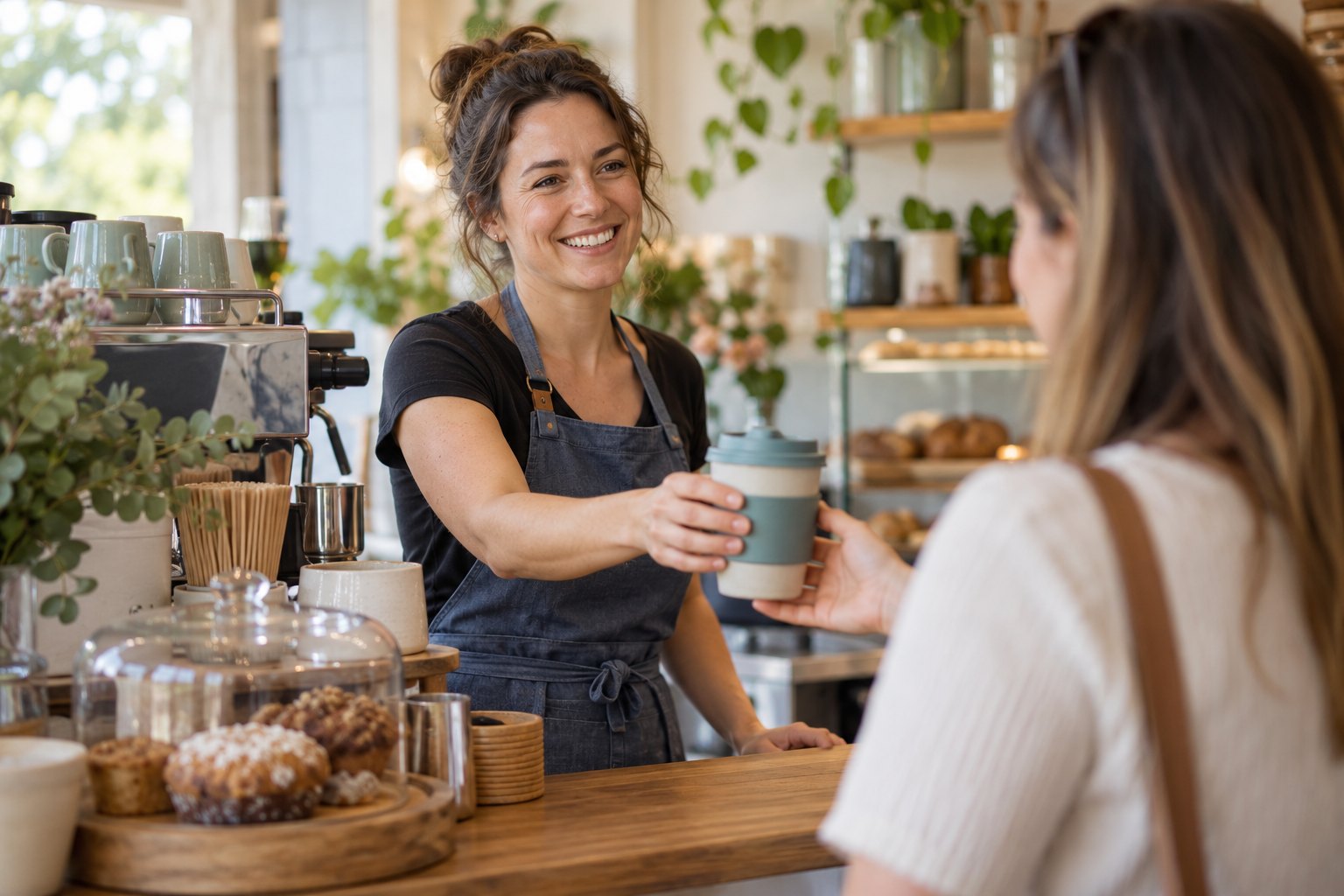 Café owner serving a customer