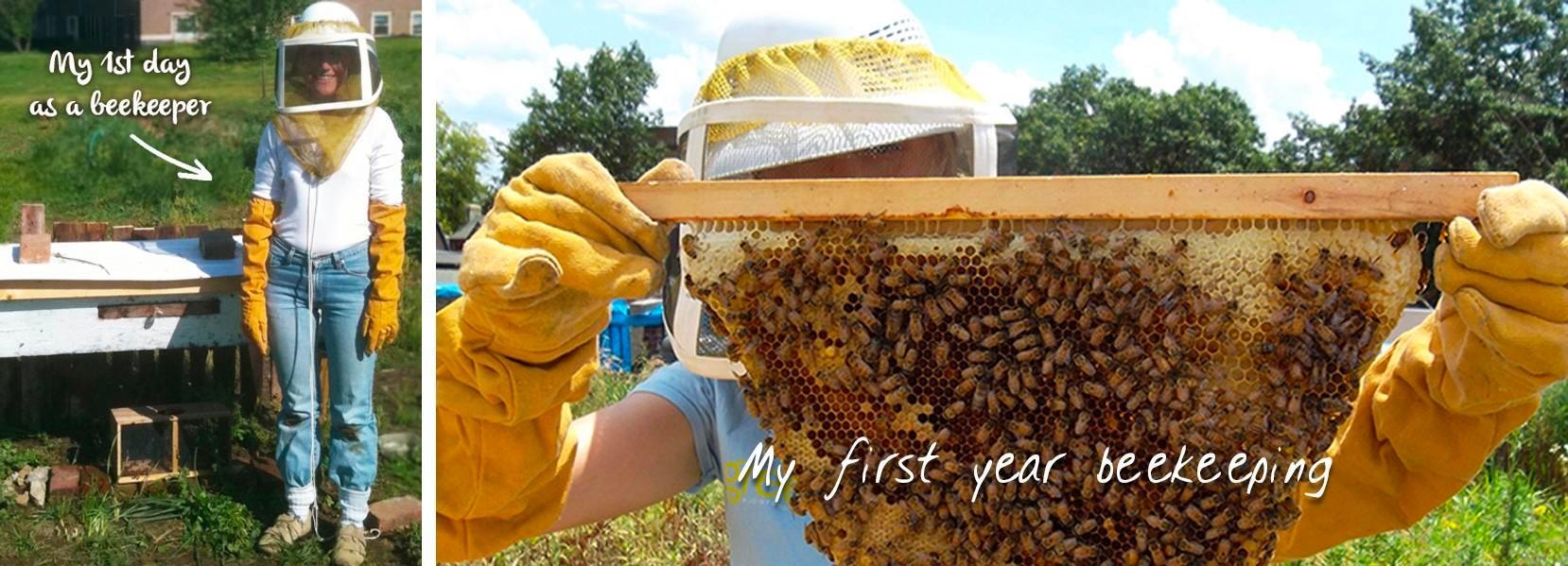 female beekeeper and top bar hive