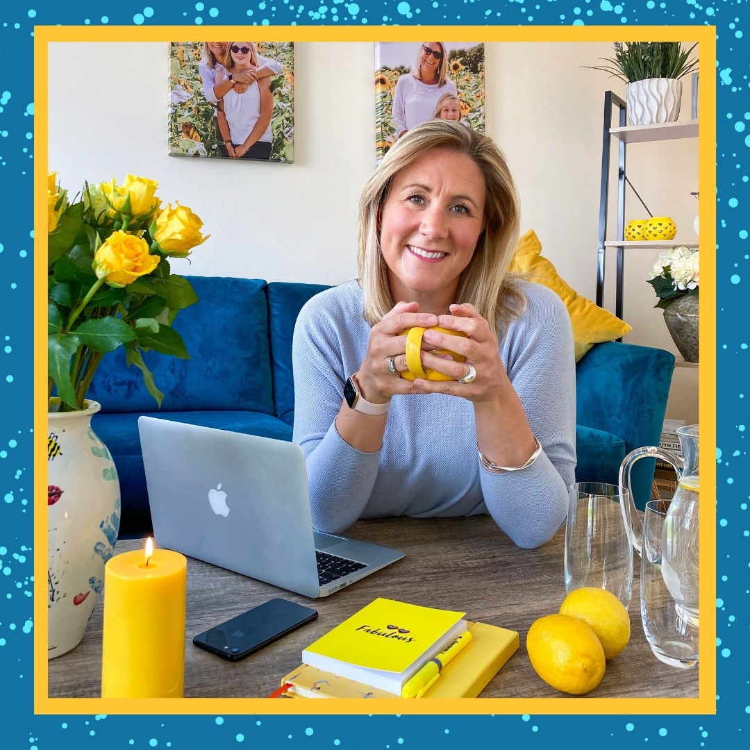 Karen Sutton sitting at a table with a glass of water, a yellow notebook, and lemons, smiling warmly. The text below describes a membership for widows, with a button that says 'Find Out More.'