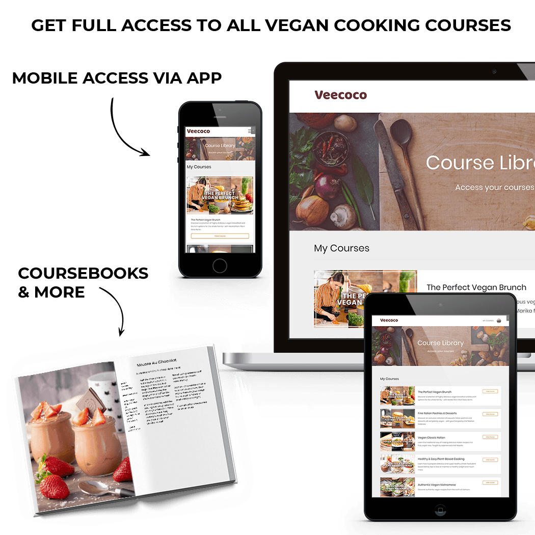 veecoco vegan cooking school accessible on computer, app, tablet, and more