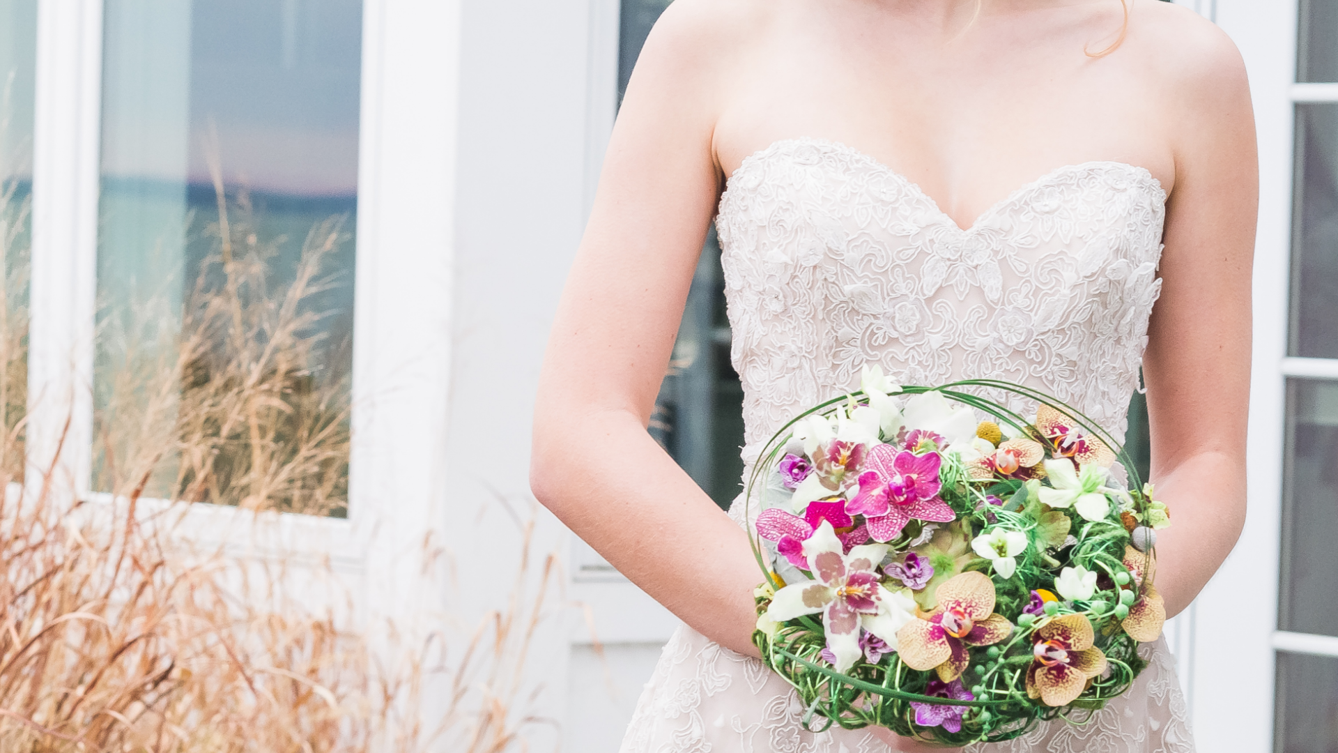 Contemporary wedding bouquet with orchids in pink green peach for modern bride designed by Viva La Flora Designs Anahit Hakobyan wedding florist Maryland Washington DC Virginia