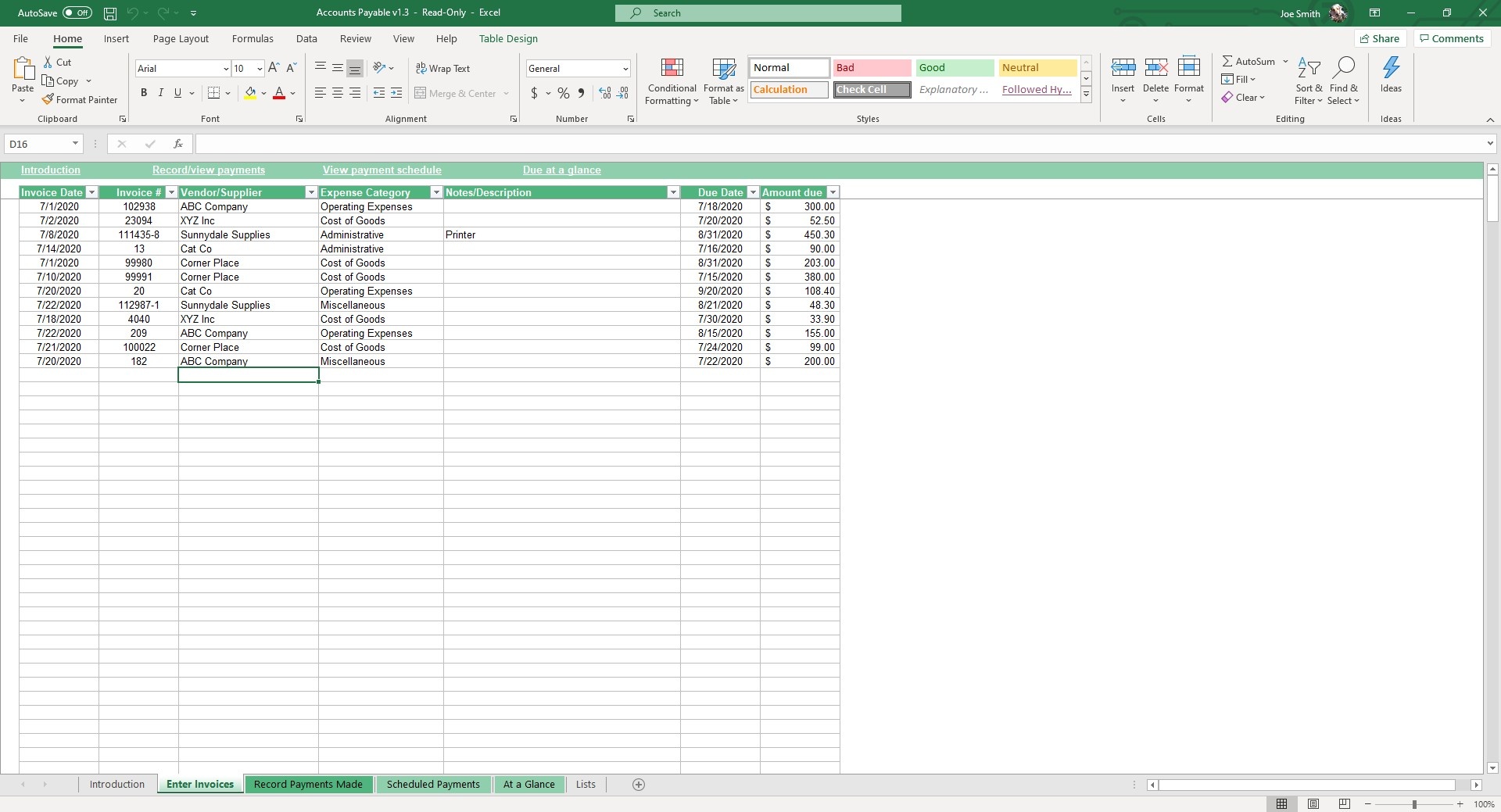 Log invoices, the amount and balance into your spreadsheet