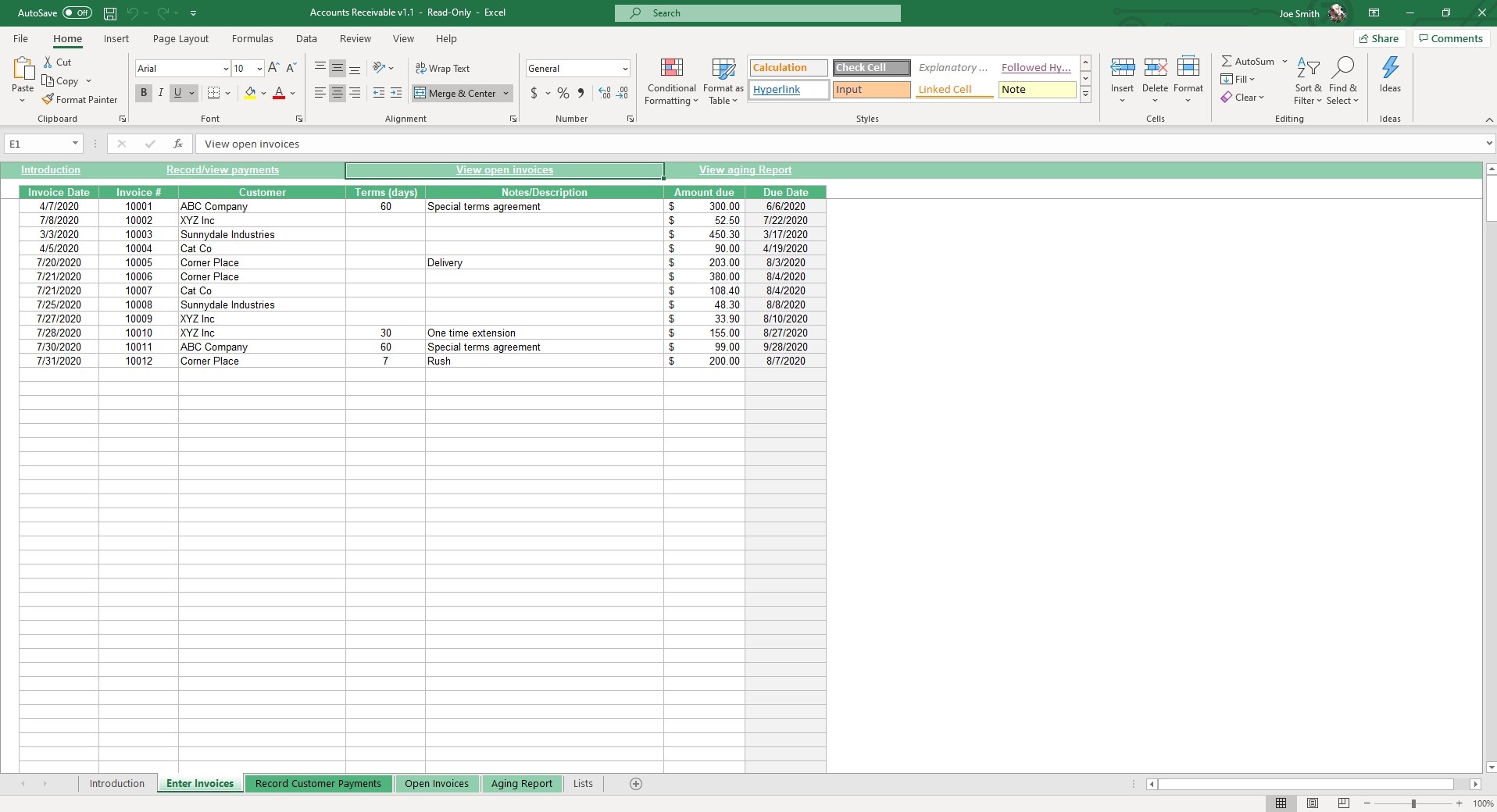 Easily log invoices in the table of the Enter Invoice sheet of our Accounts Receivable Template for Excel and Google Sheets. 