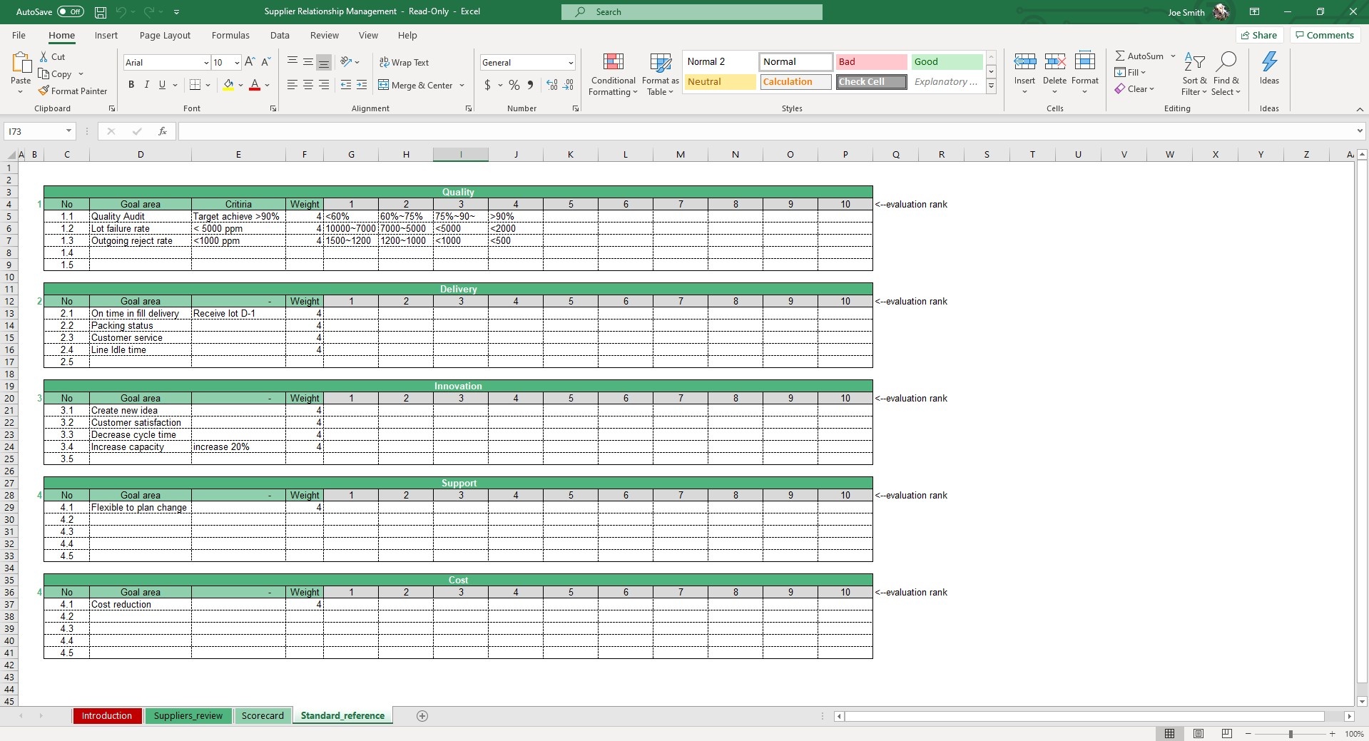 Customize your Goal Area criteria for suppliers in the Scorecard sheet of our Supplier Relationship Management Excel Template