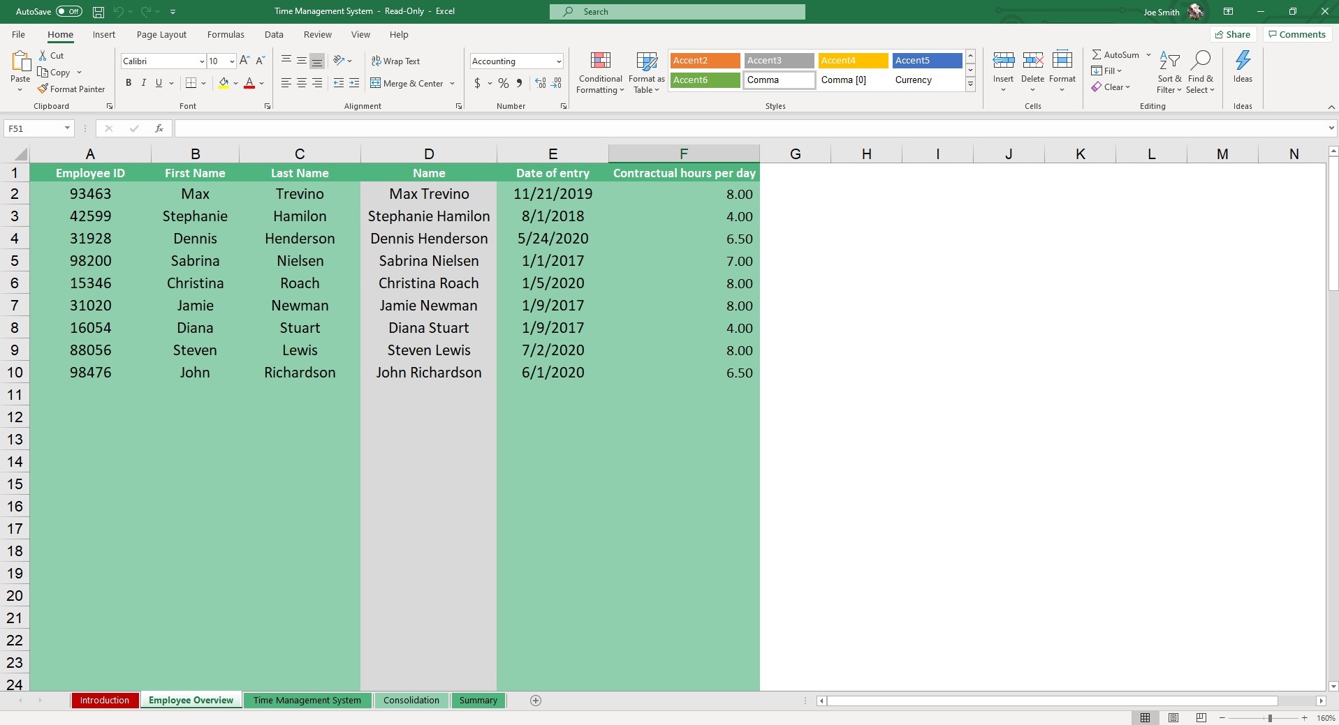 In the Employee Overview sheet of our Employee Timesheet Excel and Google Sheets Template, you can input the employees whose hours you'd like to track.