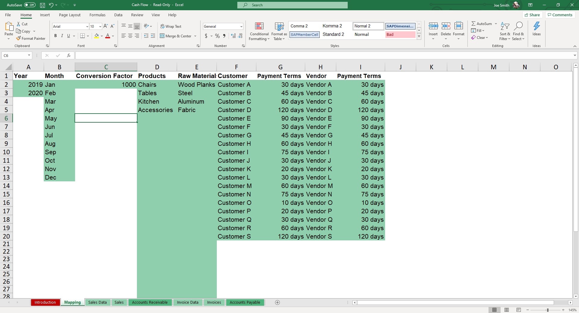 Use the Mapping sheet of our Cash Flow Calculator Excel and Google Sheets Template to customize payments terms and vendors according to your business.