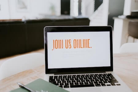 stock photo of laptop that says join us online